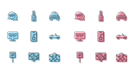 Set line Airport, Gps device with map, Taxi call telephone service, City navigation, Car, Location taxi and key remote icon. Vector
