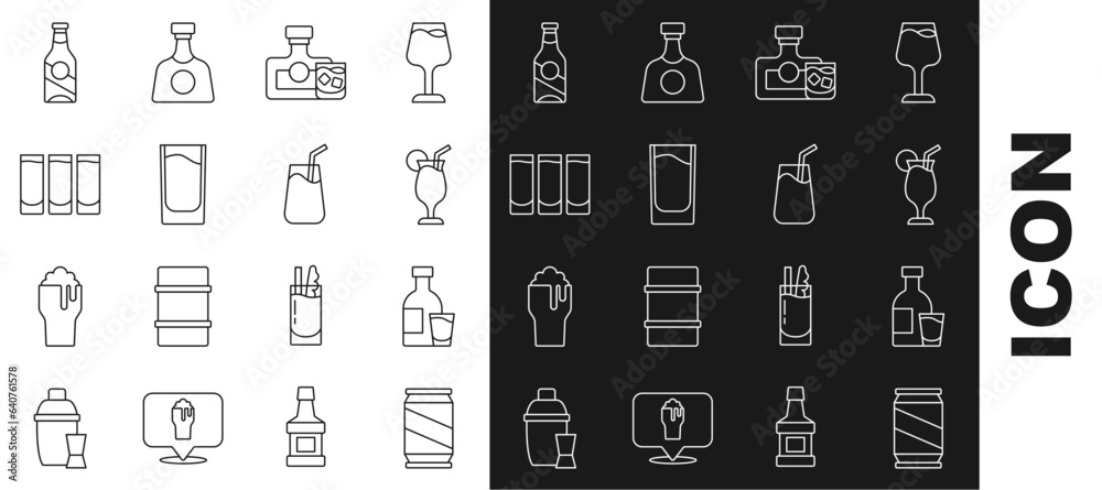 Poster Set line Beer can, Bottle of vodka with glass, Cocktail, Whiskey bottle and, Shot, and icon. Vector