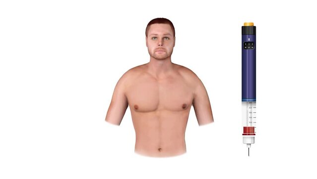 3d figure of a man , A man with diabetes making injection with insulin pen on belly, type 1 and type 2 diabetes, 3d animation,diseases, pancreas