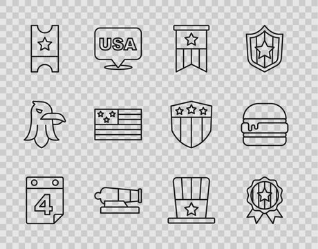Set line Calendar with date July 4, Medal star, American flag, Cannon, Baseball ticket, Patriotic top hat and Burger icon. Vector