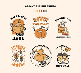 Retro Autumn T shirt Design set. Fall Quotes about Autumn, typography T shirt design, Fall groovy shirts. Hello autumn, howdy pumpkin, fall in love, autumn babe, pumpkin spice lettering vector graphic - 640762107
