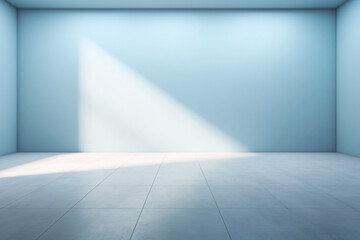 Empty light blue backdrop with sunlight reflection for product presentation or montage