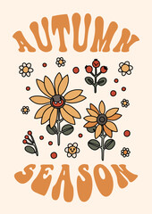 Autumn groovy poster with funny retro mascot. A4 format card for fall season. Groovy autumn poster print template. Vintage cartoon style illustrations. Vector - 640762713