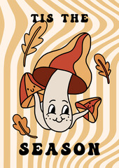Autumn groovy poster with funny retro mushroom mascot. A4 format card for fall season. Groovy autumn poster print template. Vintage cartoon style illustrations. Vector - 640762718