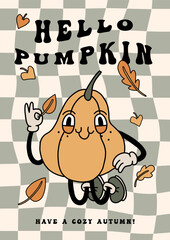 Autumn groovy poster with funny retro pumpkin mascot. A4 format card for fall season. Groovy autumn poster print template with pumpkin character. Vintage cartoon style illustrations. Vector - 640762719