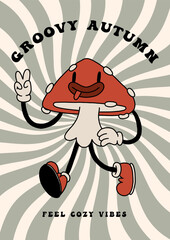 Autumn groovy poster with funny retro mushroom mascot. A4 format card for fall season. Groovy autumn poster print template. Vintage cartoon style illustrations. Vector