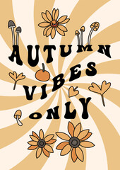 Autumn groovy poster with funny retro mascot. A4 format card for fall season. Groovy autumn poster print template. Vintage cartoon style illustrations. Vector - 640762732