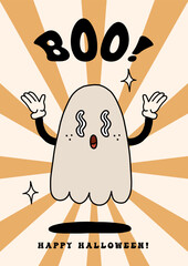 Happy Halloween groovy poster with funny retro ghost mascot. A4 format card for fall season. Groovy autumn poster print template. Vintage cartoon style illustrations. Vector - 640762749
