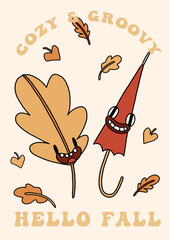 Autumn groovy poster with funny retro oak leaf and umbrella mascot. A4 format card for fall season. Groovy autumn poster print template. Vintage cartoon style illustrations. Vector - 640762751