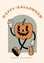 Happy Halloween groovy poster with funny retro pumpkin mascot. A4 format card for fall season. Groovy autumn poster print template. Vintage cartoon style illustrations. Vector - 640762758
