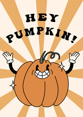 Autumn groovy poster with funny retro pumpkin mascot. A4 format card for fall season. Groovy autumn poster print template with pumpkin character. Vintage cartoon style illustrations. Vector - 640762759