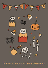 Happy Halloween groovy poster with funny retro groovy elements. A4 format card for fall season. Groovy autumn poster print template. Vintage cartoon style illustrations. Vector - 640762762