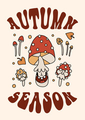 Autumn groovy poster with funny retro mushroom mascot. A4 format card for fall season. Groovy autumn poster print template. Vintage cartoon style illustrations. Vector - 640762772