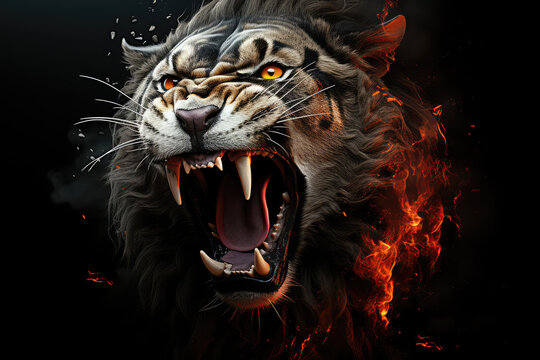 Angry tiger Roaring art with fire, isolated in black background. High quality photo