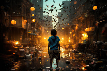 Little boy standing in the ghetto. High quality photo