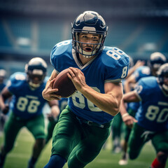 American football players in dynamic action is running with ball at stadium under rain, sport...