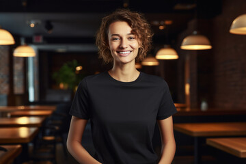 Obraz na płótnie Canvas Smiling young woman in a black t-shirt