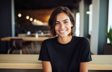 Smiling young woman in a black t-shirt