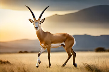 A graceful gazelle in its natural habitat, with the golden hues of the African savannah stretching into the distance.