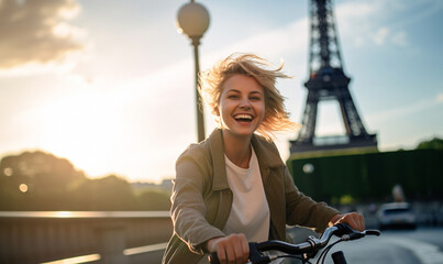 Cheerful Happy young woman riding bicycle in Paris near the Eiffel Tower, Travel to Europe, Famous...