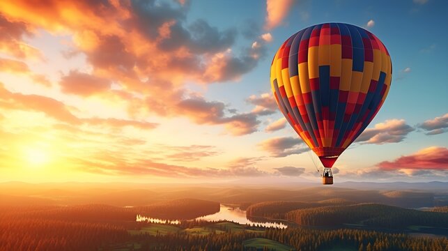Romantische Reise: Ein Hei&szlig;luftballon schwebt in der Abendd&auml;mmerung