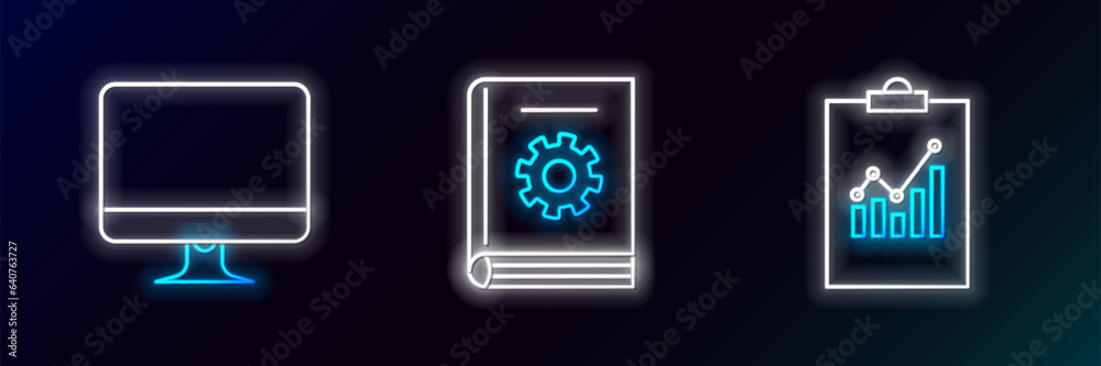 Poster set line clipboard with graph chart, computer monitor screen and user manual icon. glowing neon. vec