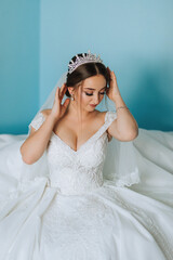 Portrait of an elegant and beautiful bride. Modern style. Diadem on the girl's head. Perfect makeup...
