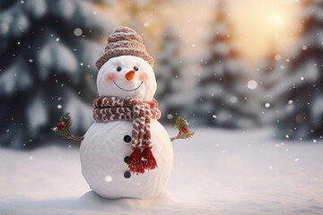 Winter snowman in the snow dressed in a hat and scarf standing in the snow against the background of Christmas trees with space for text and inscriptions.generative ai
