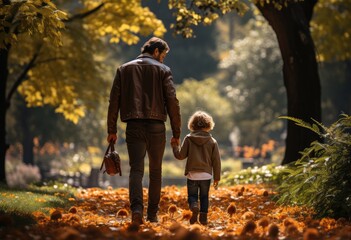 Obraz premium Back view of father and daughter walking in autumn park with fallen orange leaves. generative AI