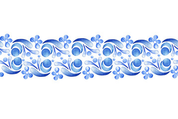 Seamless watercolor border in folklore style. Blue ornament on a white background. Folk, ethnic.
