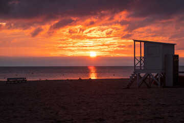 Sunrise at the Baltic Sea. A sandy beach in Kolobřeh. Taken from a drone. Kołobrzeg is city in Poland. 