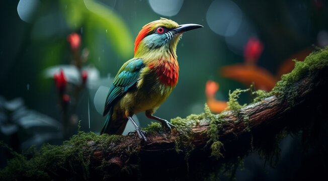 close-up of atropical wild bird in the forest, tropical wild bird, wild bird in the forest, bird sitting on the tree