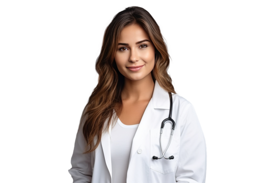 isolated portrait of young doctor woman with stethoscope in medical uniform