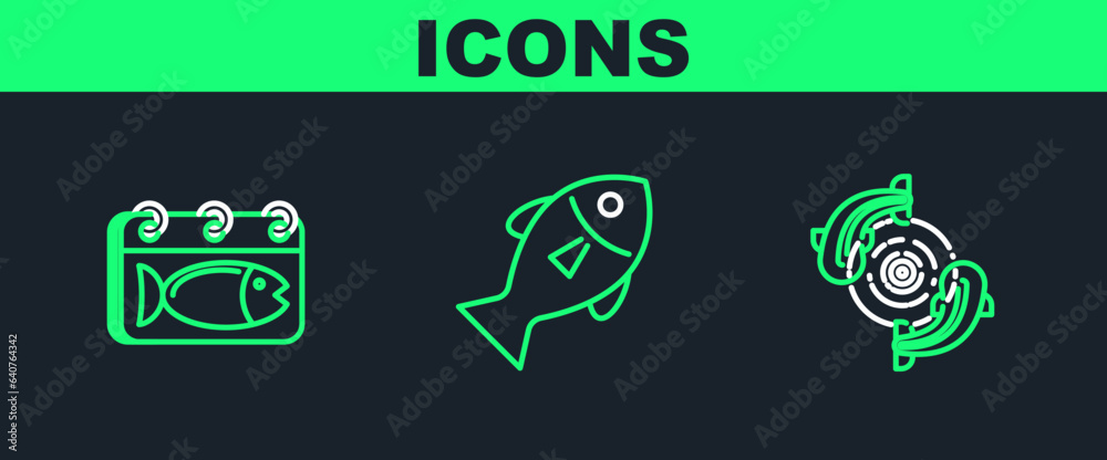 Sticker set line fish, calendar with a fish and icon. vector