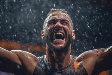 Portrait of champion athlete on stadium , emotions of a winner, joy, delight, emotional, rain, splash drops
