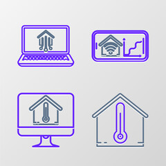 Set line House temperature, Computer monitor with house, Mobile phone smart home wi-fi and Laptop icon. Vector