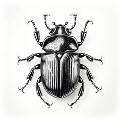 Antique woodcut engraving of a black beetle. dark academia vintage victorian style, monochrome linocut engraving line art black on white background. GENERATIVE AI
 - obrazy, fototapety, plakaty