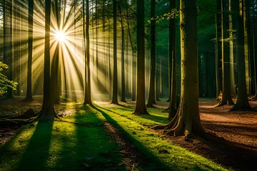 sun rays through the forest generated by AI