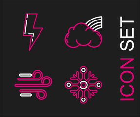 Fototapeta premium Set line Snowflake, Wind, Rainbow with clouds and Lightning bolt icon. Vector