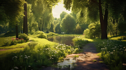 Fototapeta na wymiar Beautiful summer landscape with green foliage in the park