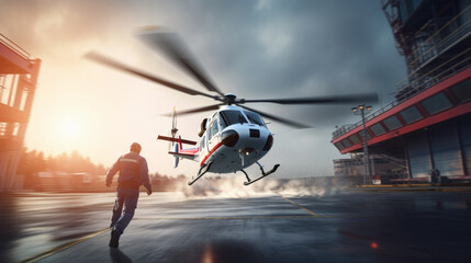 A paramedic runs up to the landing helicopter.generative ai
 - Powered by Adobe
