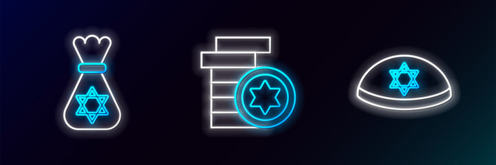 Set line Jewish kippah with star of david, money bag and coin icon. Glowing neon. Vector
