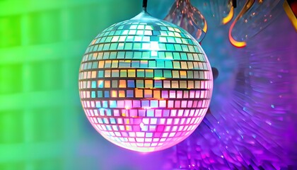 disco ball with disco lights,glass,shine,decoration,AI generated
