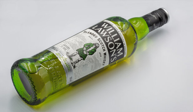 William Lawson's blended Scotch Whisky bottle closeup on white background.