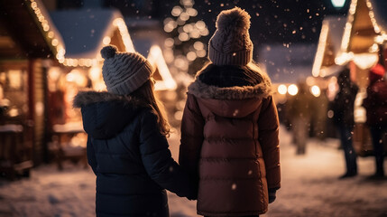Two young girl children standing at a Christmas market looking at the christmas marke, snow, lights, winter season, happy holidays - obrazy, fototapety, plakaty