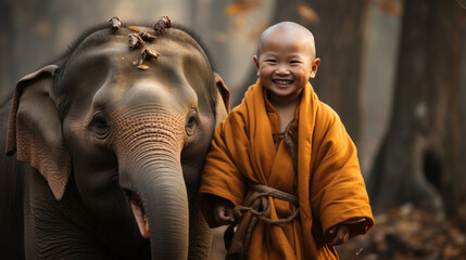 Asian child monk with his elephant in the forest,Thailand,Asia - obrazy, fototapety, plakaty