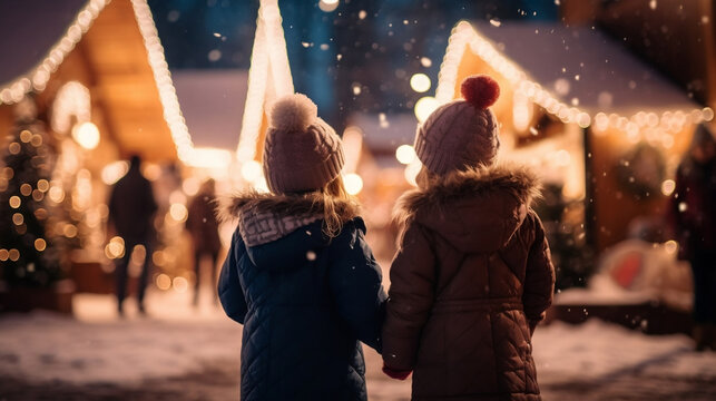 Two toddler girl children standing at a Christmas market looking at the christmas marke, snow, lights, winter season, happy holidays