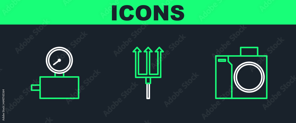 Poster Set line Photo camera for diver, Gauge scale and Neptune Trident icon. Vector