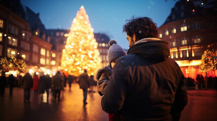 Obraz premium A father and child in the city square at night with a lit up Christmas tree in the background, winter season, snow, happy holidays