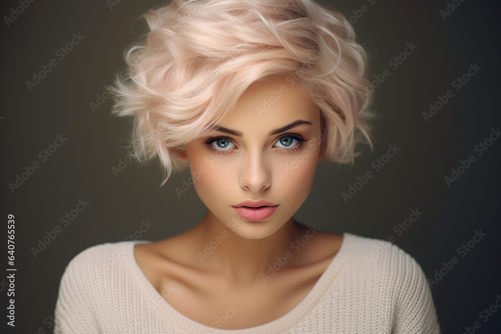 Poster generative ai picture portrait of young beautiful woman with short haircut styling